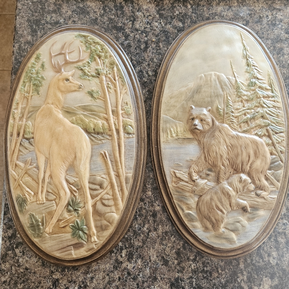 Rustic Wildlife Wall Plaques - Deer and Bear Design Heavy Ceramic Type
